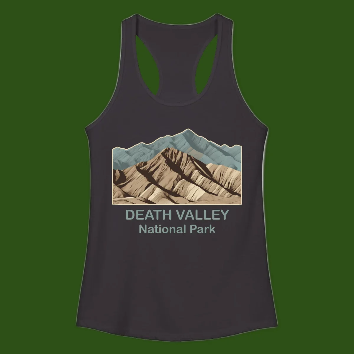 Vintage-style illustration of Death Valley badlands with layered tan and brown striped mountains, teal peaks in background, and text reading Death Valley National Park.