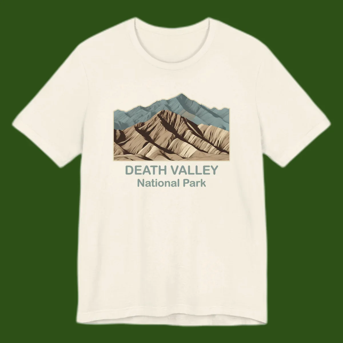Vintage-style illustration of Death Valley badlands with layered tan and brown striped mountains, teal peaks in background, and text reading Death Valley National Park.