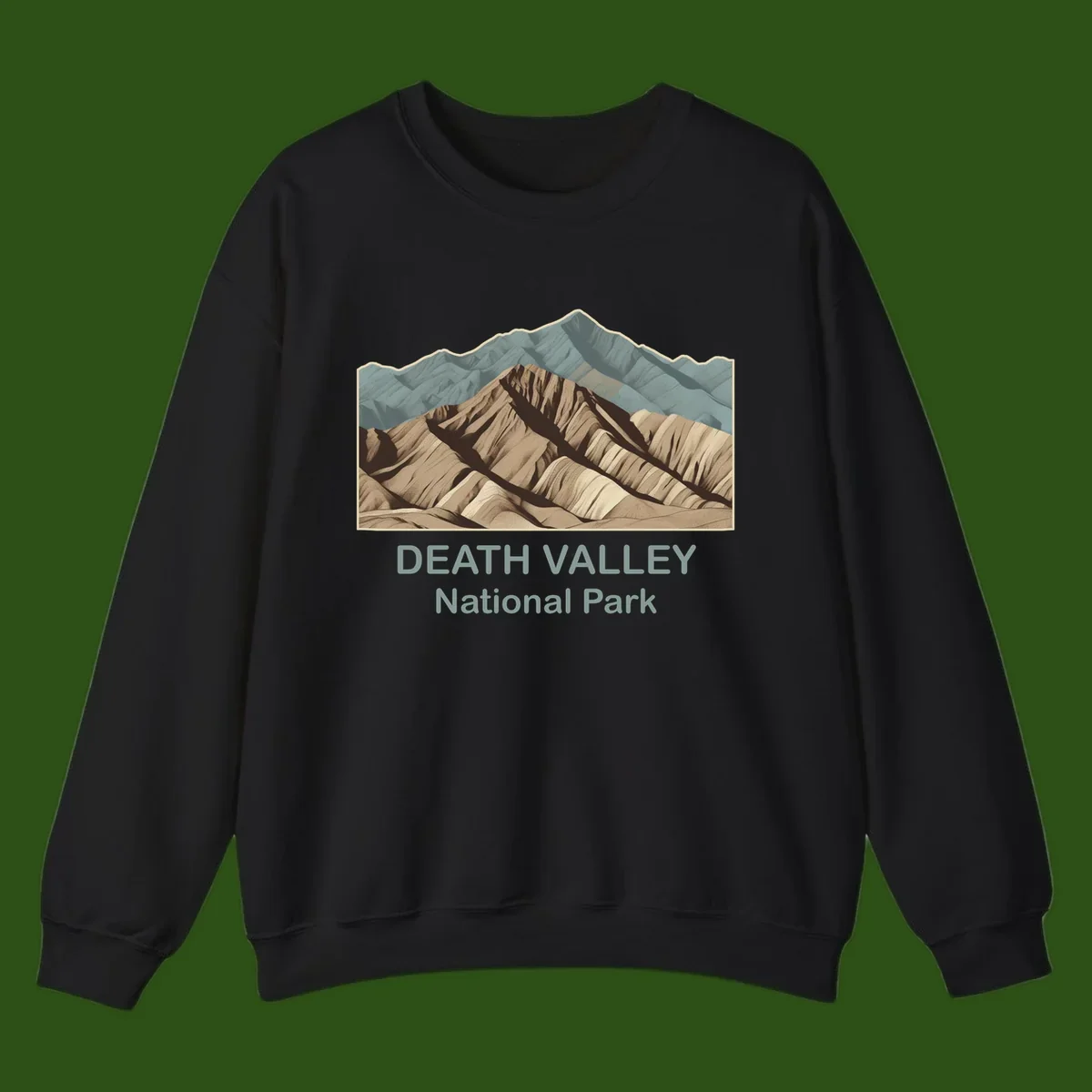 Vintage-style illustration of Death Valley badlands with layered tan and brown striped mountains, teal peaks in background, and text reading Death Valley National Park.