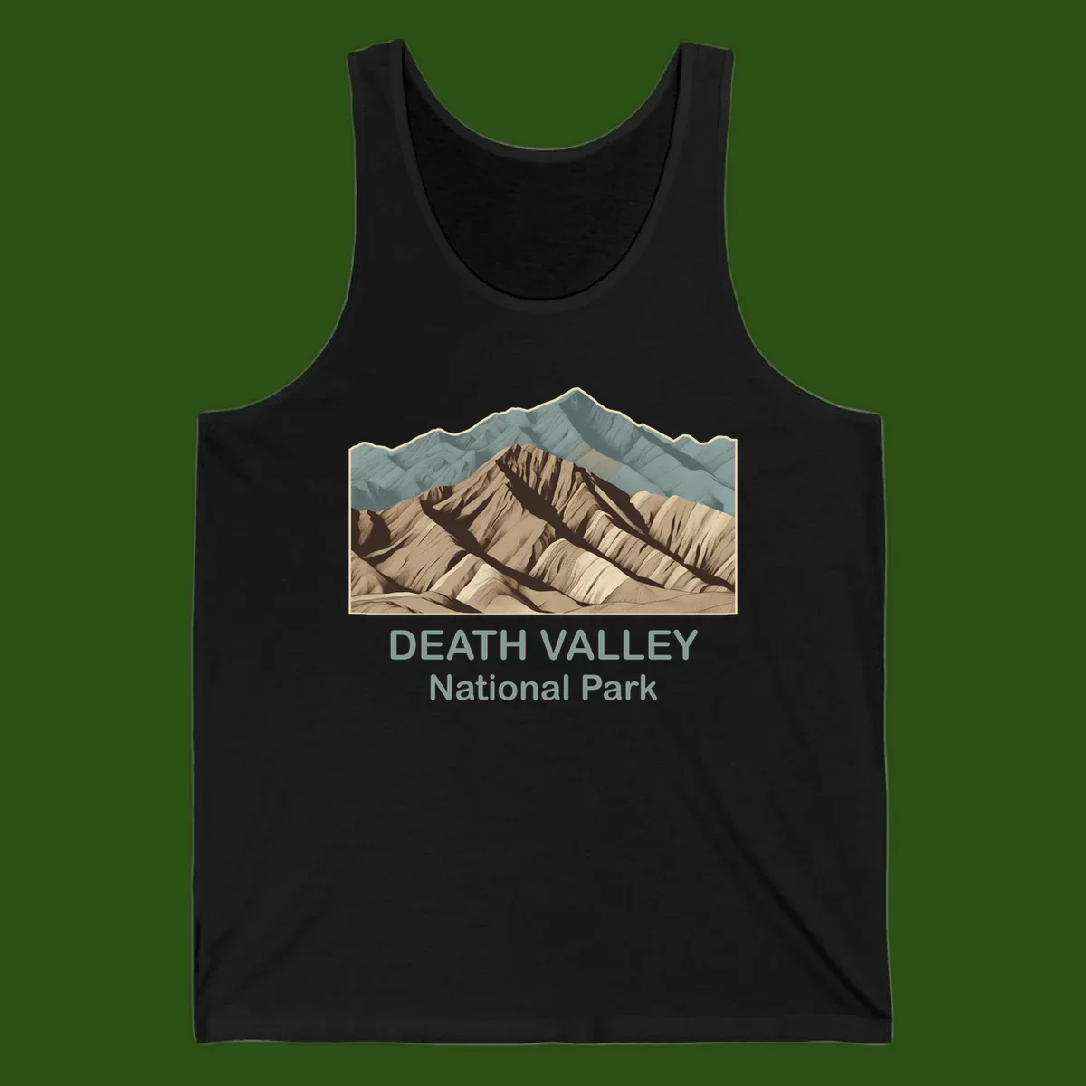 Vintage-style illustration of Death Valley badlands with layered tan and brown striped mountains, teal peaks in background, and text reading Death Valley National Park.
