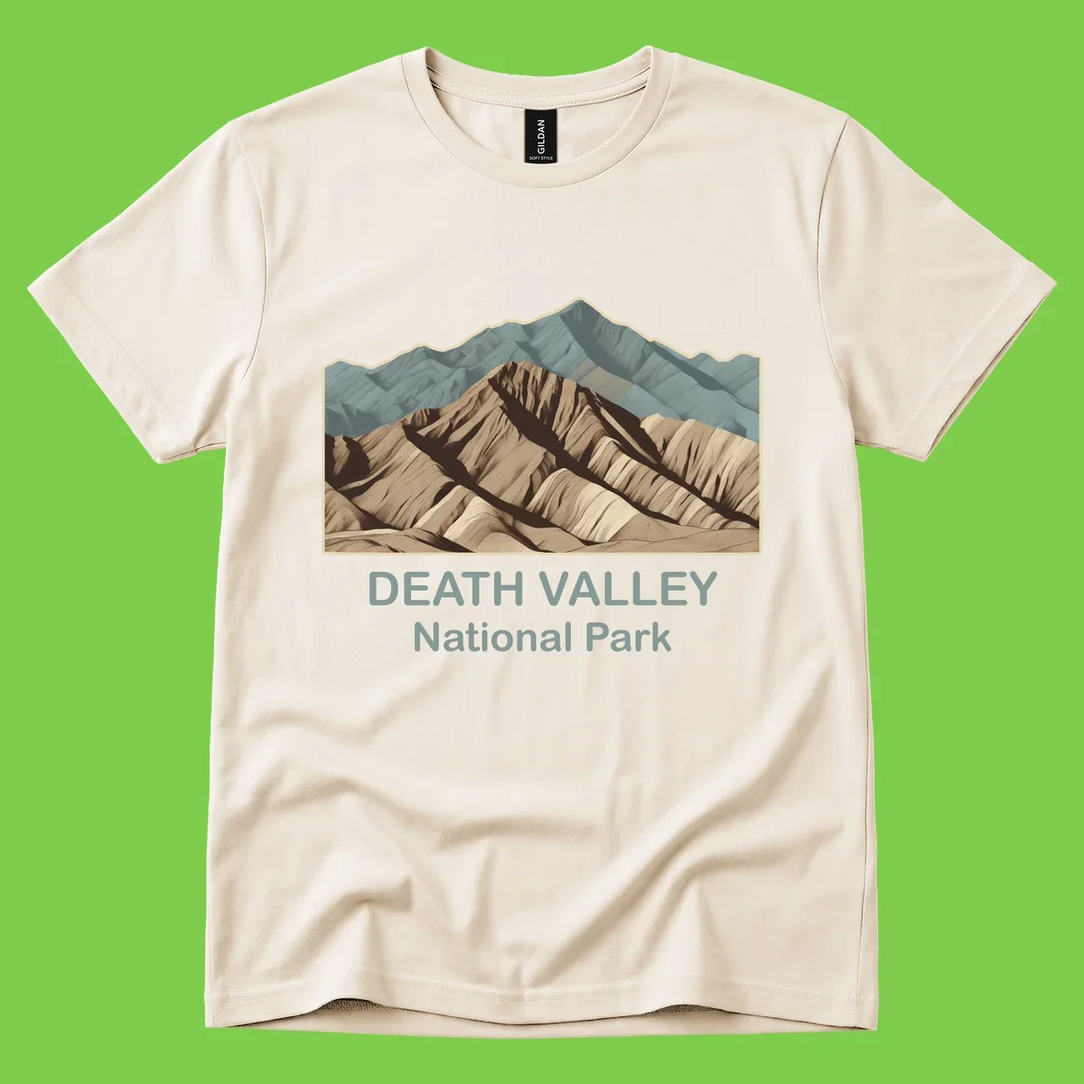 Vintage-style illustration of Death Valley badlands with layered tan and brown striped mountains, teal peaks in background, and text reading Death Valley National Park.