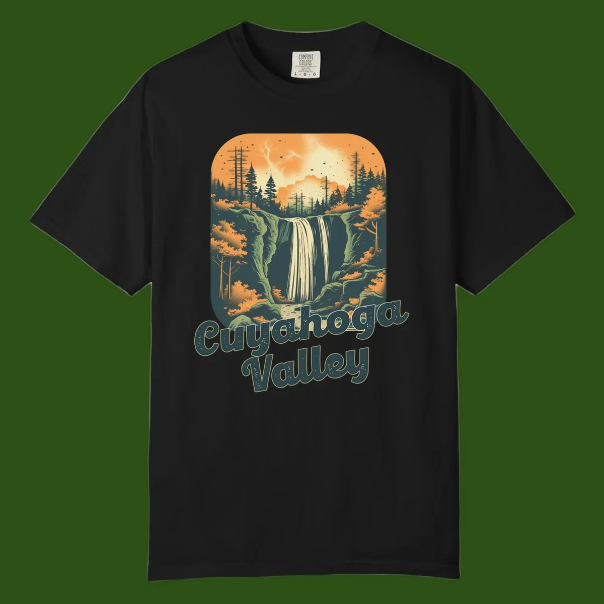 Vintage-style illustration of Eureka Valley waterfall with cliffs, evergreen trees, and autumn colors against warm orange sky