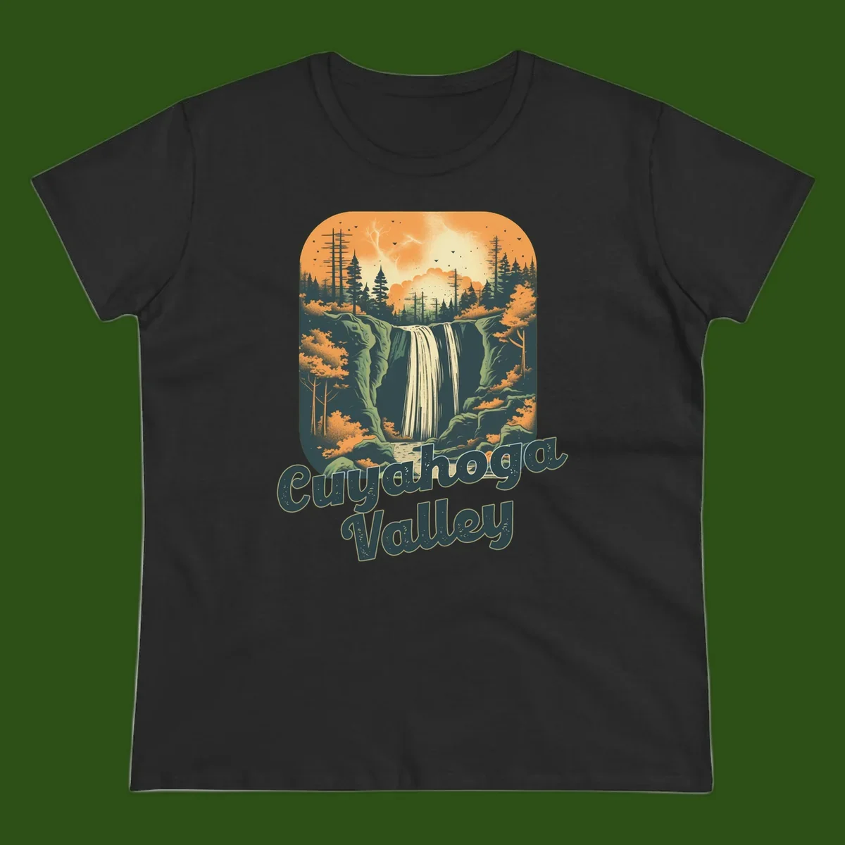 Vintage-style illustration of Eureka Valley waterfall with cliffs, evergreen trees, and autumn colors against warm orange sky