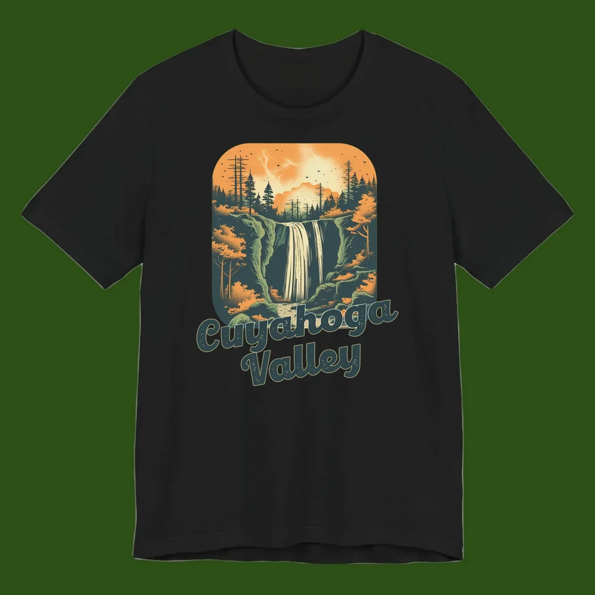 Vintage-style illustration of Eureka Valley waterfall with cliffs, evergreen trees, and autumn colors against warm orange sky