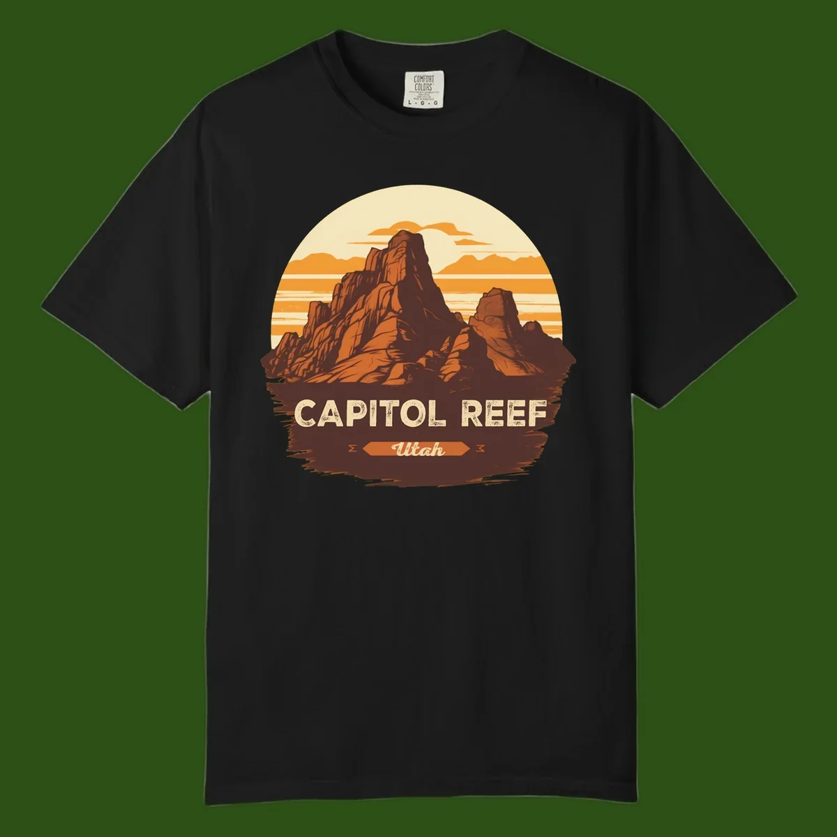 Vintage-style illustration of Capitol Reef Utah's dramatic desert rock formations and buttes against an orange sunset sky with cream clouds