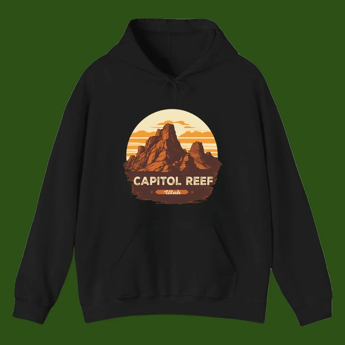 Vintage-style illustration of Capitol Reef Utah's dramatic desert rock formations and buttes against an orange sunset sky with cream clouds