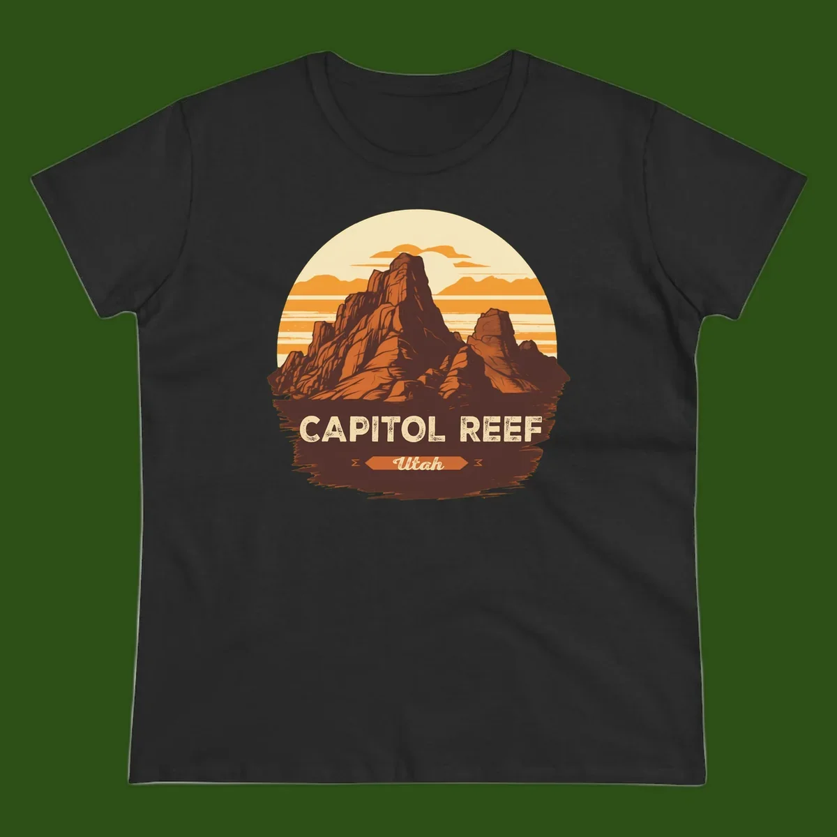 Vintage-style illustration of Capitol Reef Utah's dramatic desert rock formations and buttes against an orange sunset sky with cream clouds