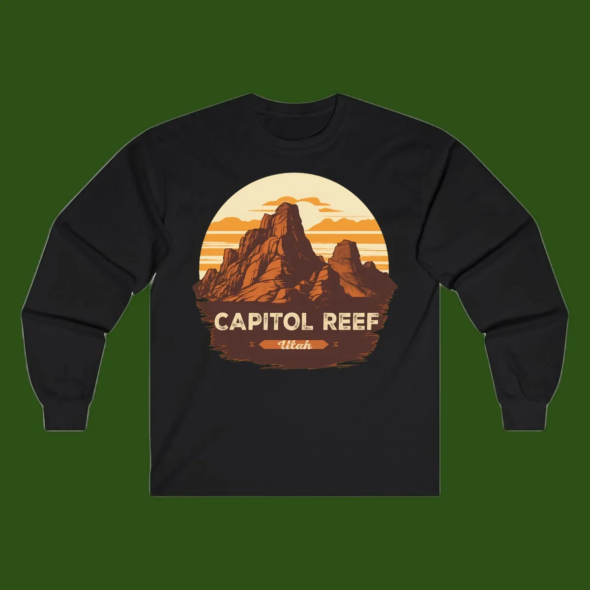 Vintage-style illustration of Capitol Reef Utah's dramatic desert rock formations and buttes against an orange sunset sky with cream clouds