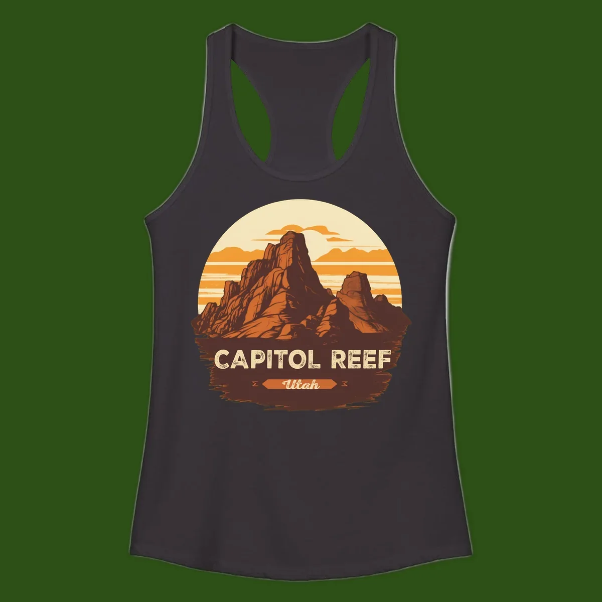 Vintage-style illustration of Capitol Reef Utah's dramatic desert rock formations and buttes against an orange sunset sky with cream clouds
