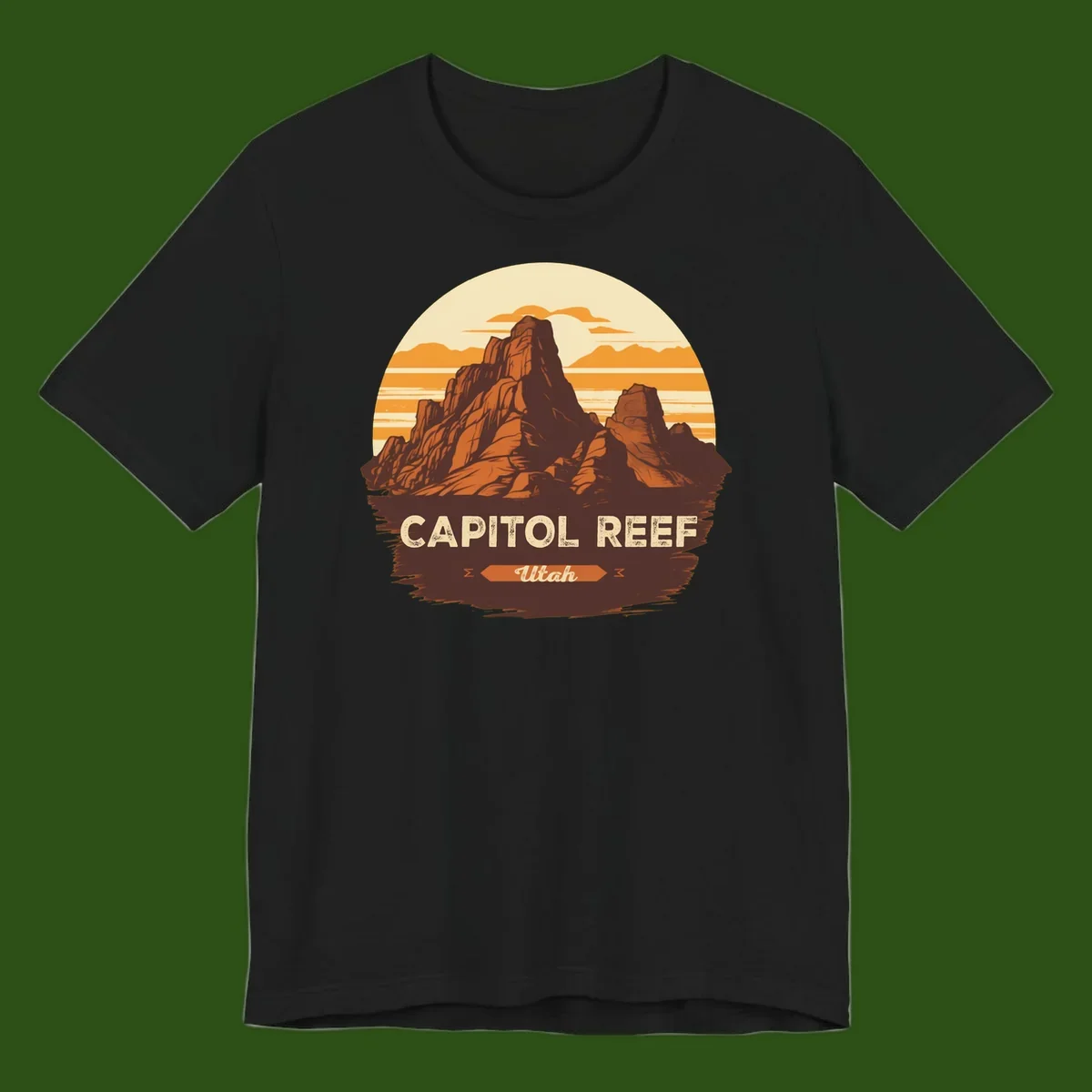 Vintage-style illustration of Capitol Reef Utah's dramatic desert rock formations and buttes against an orange sunset sky with cream clouds