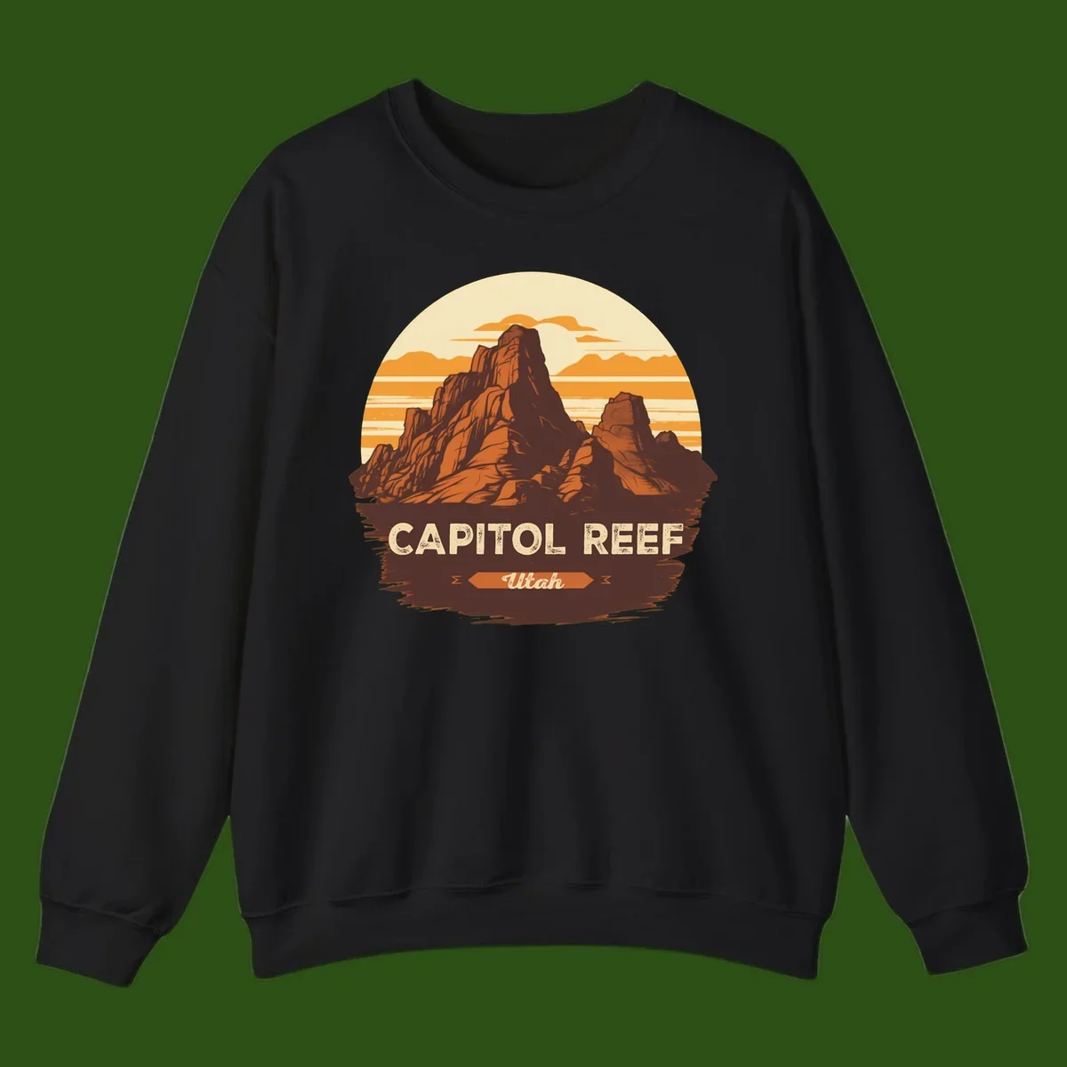 Vintage-style illustration of Capitol Reef Utah's dramatic desert rock formations and buttes against an orange sunset sky with cream clouds