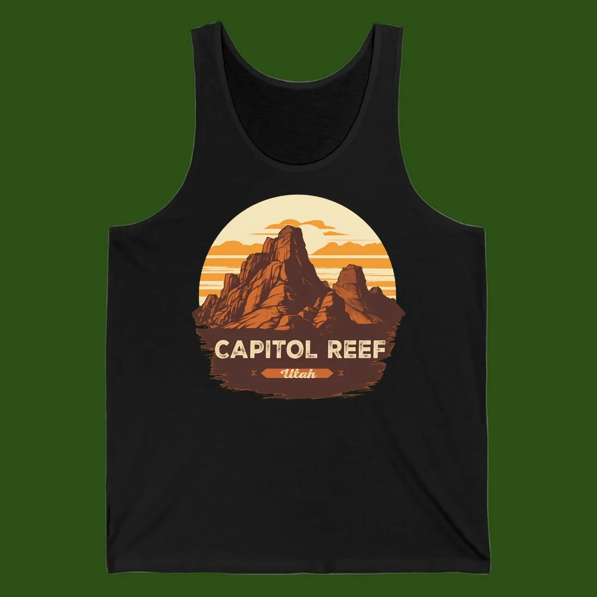 Vintage-style illustration of Capitol Reef Utah's dramatic desert rock formations and buttes against an orange sunset sky with cream clouds