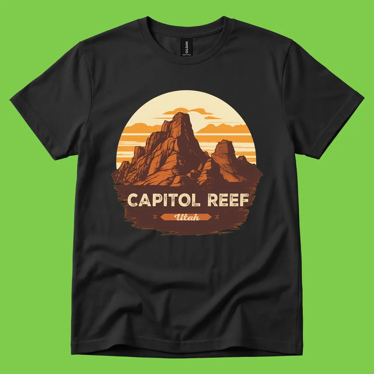 Vintage-style illustration of Capitol Reef Utah's dramatic desert rock formations and buttes against an orange sunset sky with cream clouds