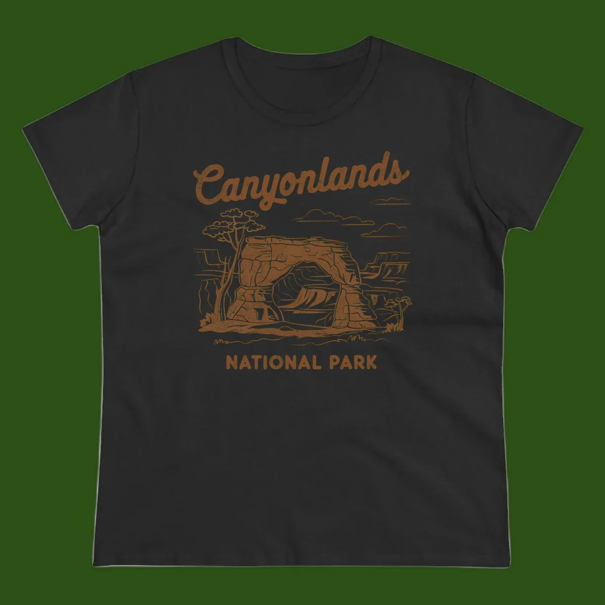Vintage illustration of Canyonlands National Park featuring layered red rock canyon formations, desert acacia tree, and clouds in rust orange line art.