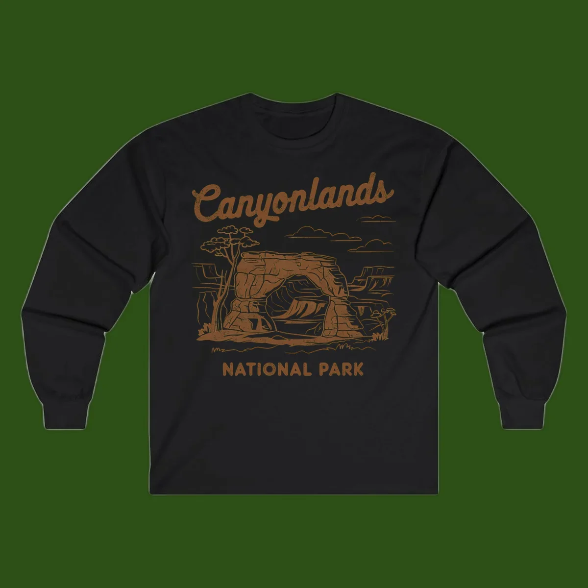 Vintage illustration of Canyonlands National Park featuring layered red rock canyon formations, desert acacia tree, and clouds in rust orange line art.