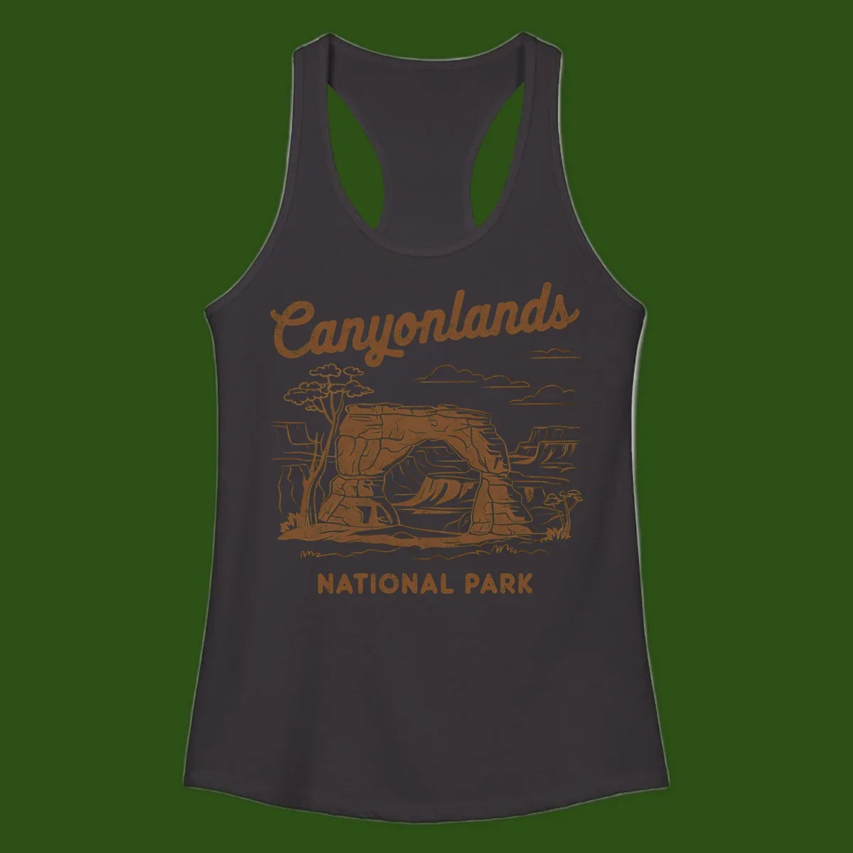 Vintage illustration of Canyonlands National Park featuring layered red rock canyon formations, desert acacia tree, and clouds in rust orange line art.