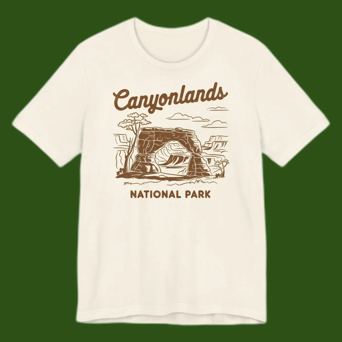 Vintage illustration of Canyonlands National Park featuring layered red rock canyon formations, desert acacia tree, and clouds in rust orange line art.