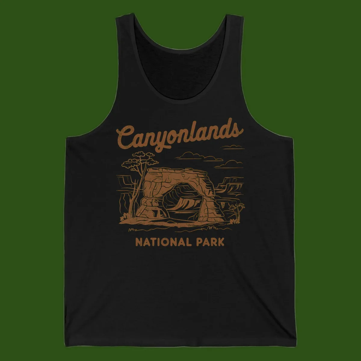 Vintage illustration of Canyonlands National Park featuring layered red rock canyon formations, desert acacia tree, and clouds in rust orange line art.