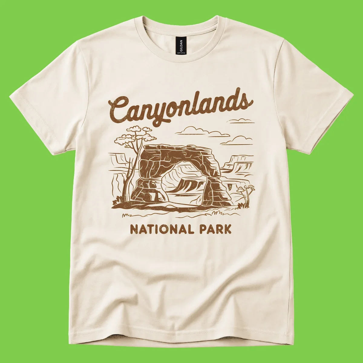 Vintage illustration of Canyonlands National Park featuring layered red rock canyon formations, desert acacia tree, and clouds in rust orange line art.