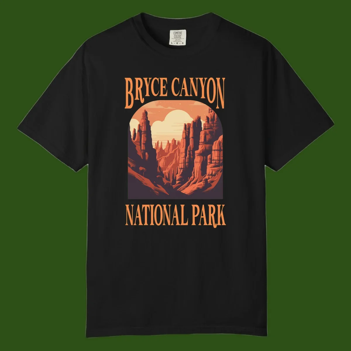 Vintage travel poster illustration of Bryce Canyon hoodoos with sunset sky and rock formations