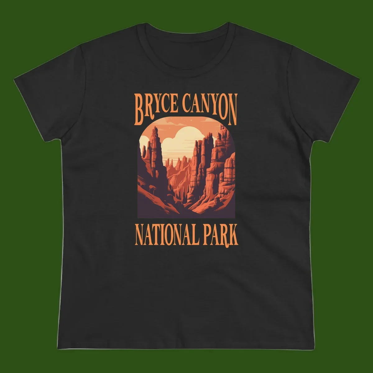 Vintage travel poster illustration of Bryce Canyon hoodoos with sunset sky and rock formations