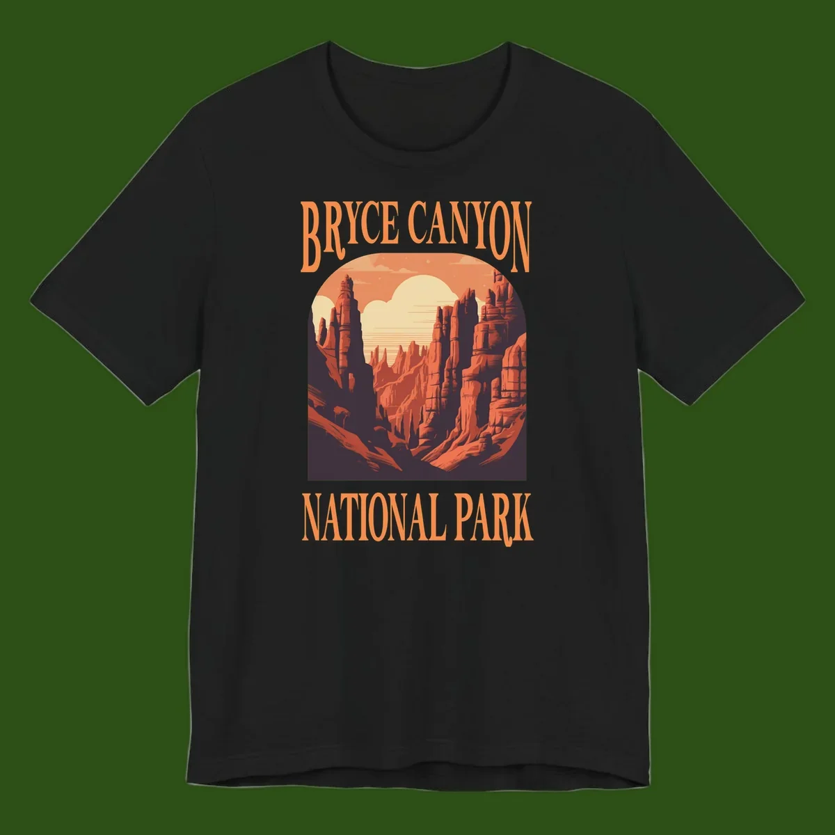 Vintage travel poster illustration of Bryce Canyon hoodoos with sunset sky and rock formations