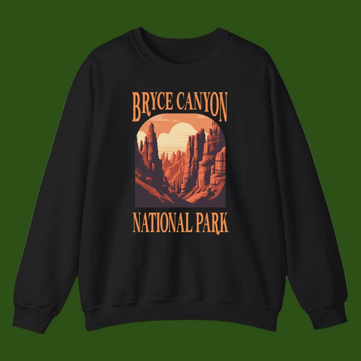 Vintage travel poster illustration of Bryce Canyon hoodoos with sunset sky and rock formations