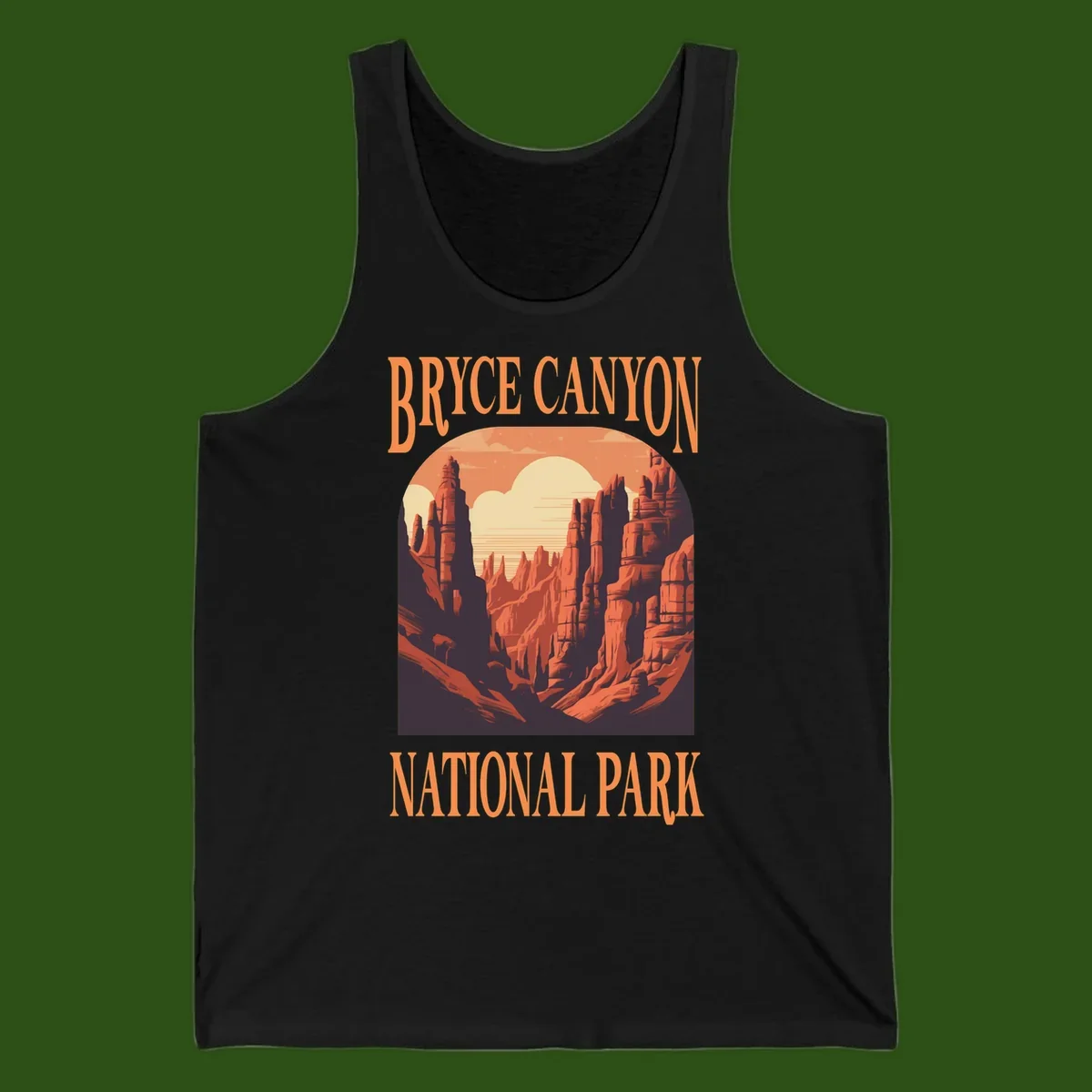 Vintage travel poster illustration of Bryce Canyon hoodoos with sunset sky and rock formations