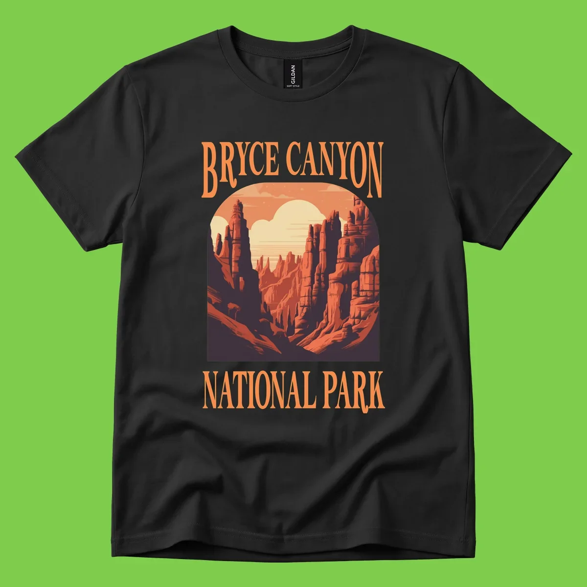 Vintage travel poster illustration of Bryce Canyon hoodoos with sunset sky and rock formations