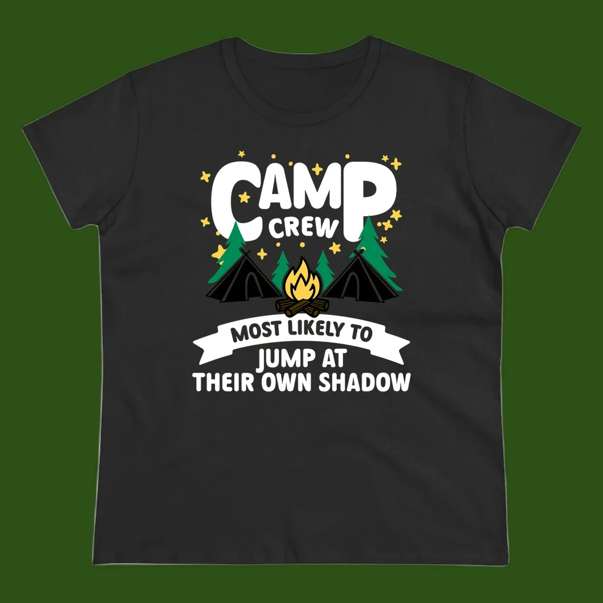 Camp crew graphic with tents, campfire, trees and stars showing text 'most likely to jump at their own shadow'