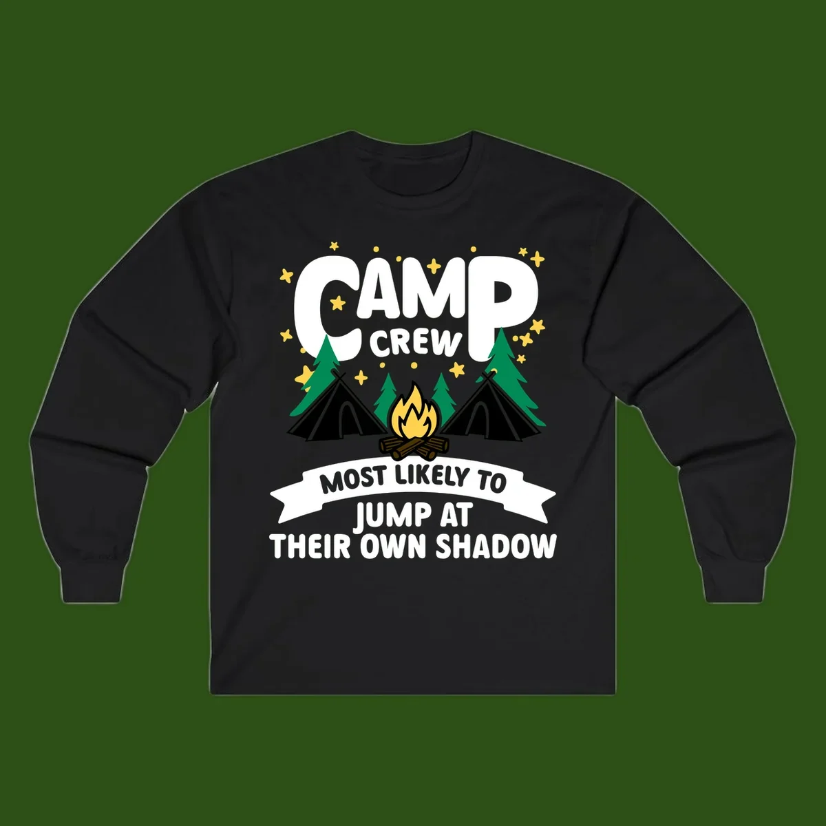 Camp crew graphic with tents, campfire, trees and stars showing text 'most likely to jump at their own shadow'