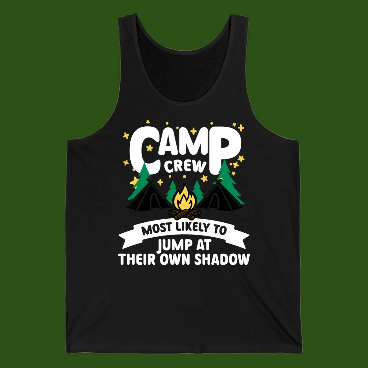 Camp crew graphic with tents, campfire, trees and stars showing text 'most likely to jump at their own shadow'