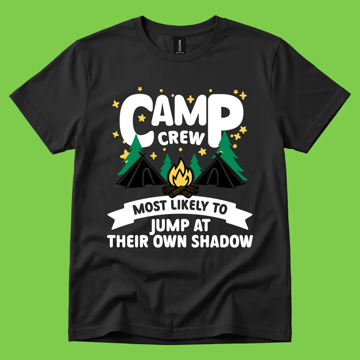 Camp crew graphic with tents, campfire, trees and stars showing text 'most likely to jump at their own shadow'