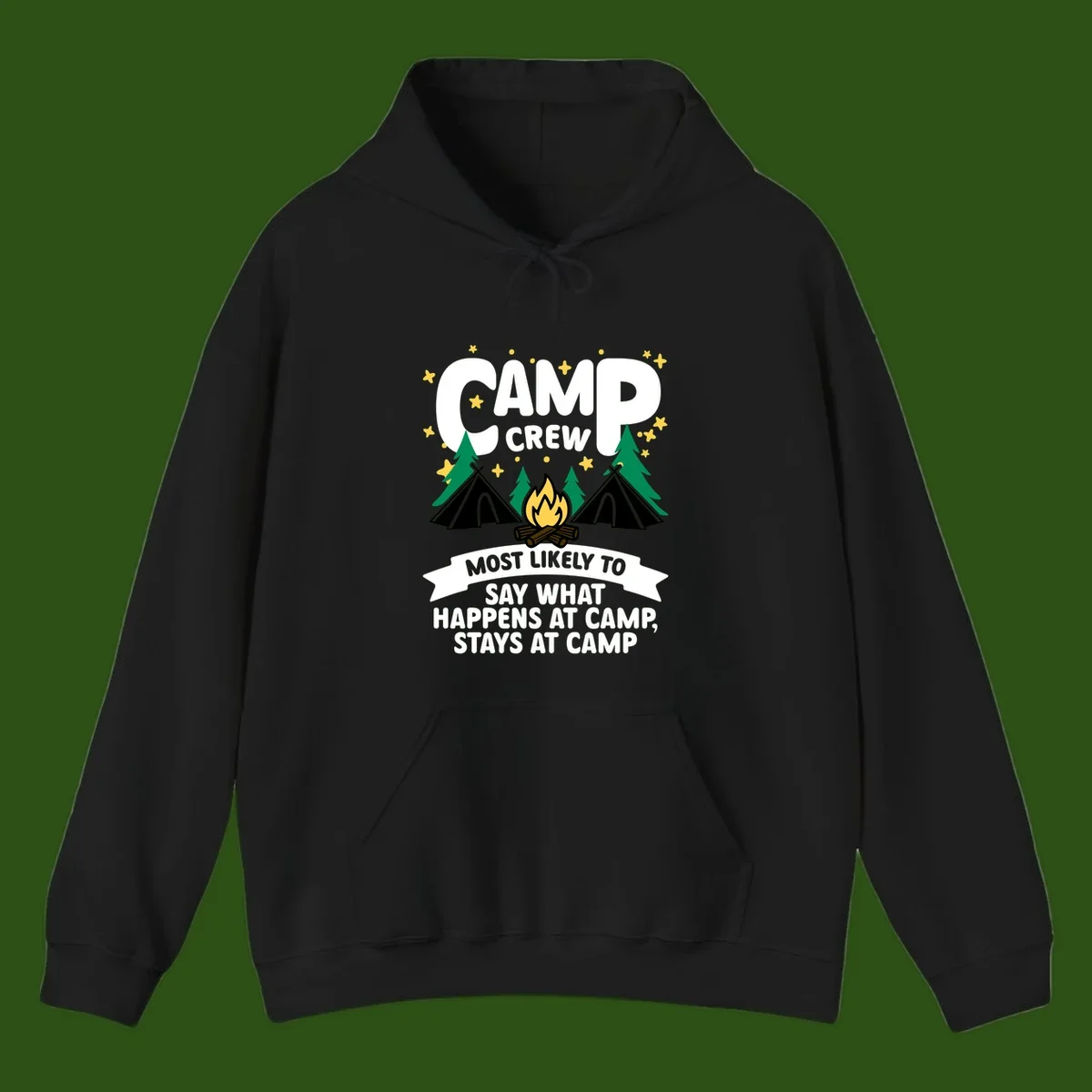 Camp crew camping design with tents, campfire, trees, and stars. Text reads 'Camp Crew: Most likely to say what happens at camp, stays at camp.'