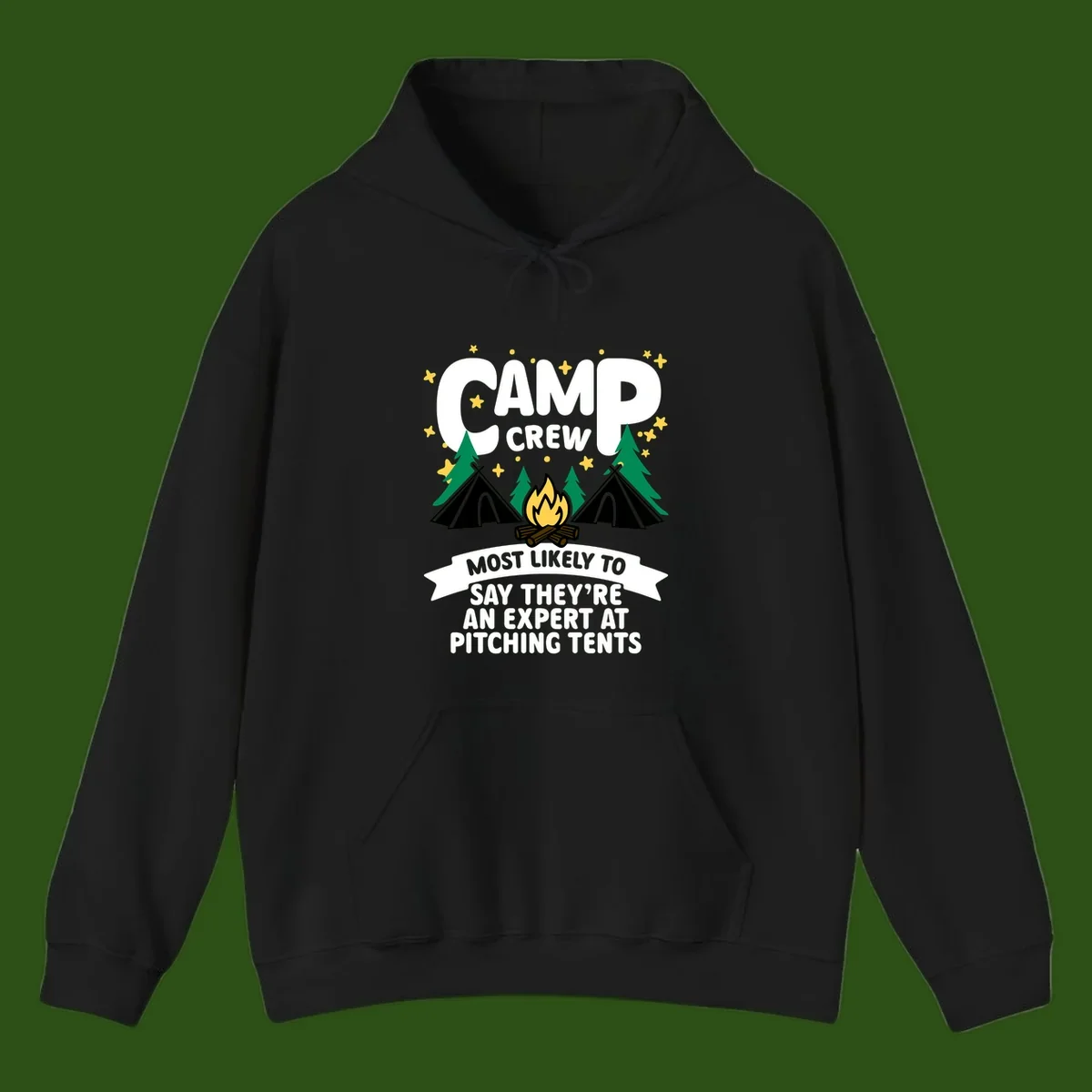 Illustration of camp crew tent pitching design with campfire, tents, trees, and stars on gray background