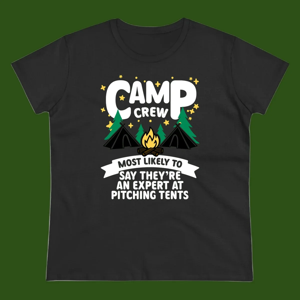 Illustration of camp crew tent pitching design with campfire, tents, trees, and stars on gray background