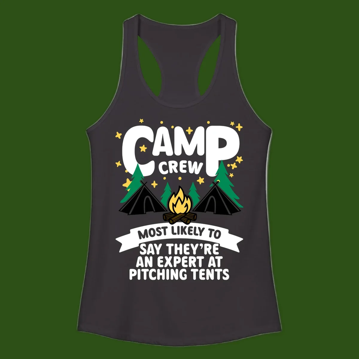 Illustration of camp crew tent pitching design with campfire, tents, trees, and stars on gray background