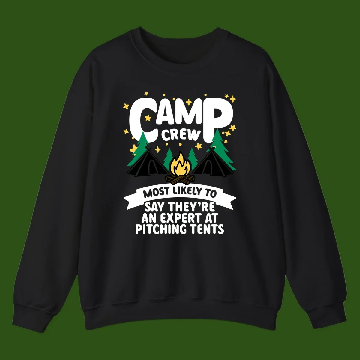 Illustration of camp crew tent pitching design with campfire, tents, trees, and stars on gray background