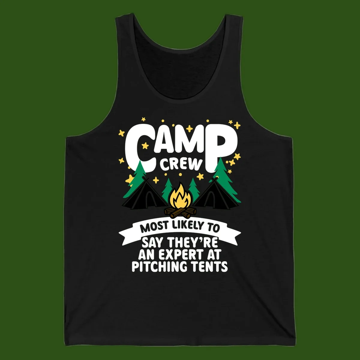 Illustration of camp crew tent pitching design with campfire, tents, trees, and stars on gray background