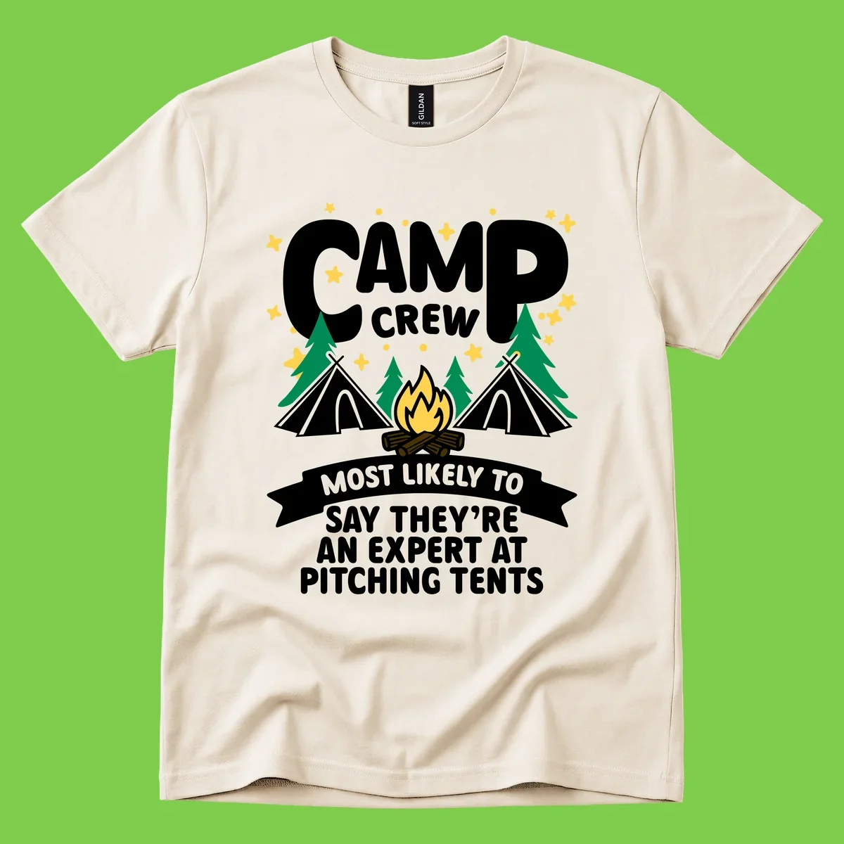Illustration of camp crew tent pitching design with campfire, tents, trees, and stars on gray background