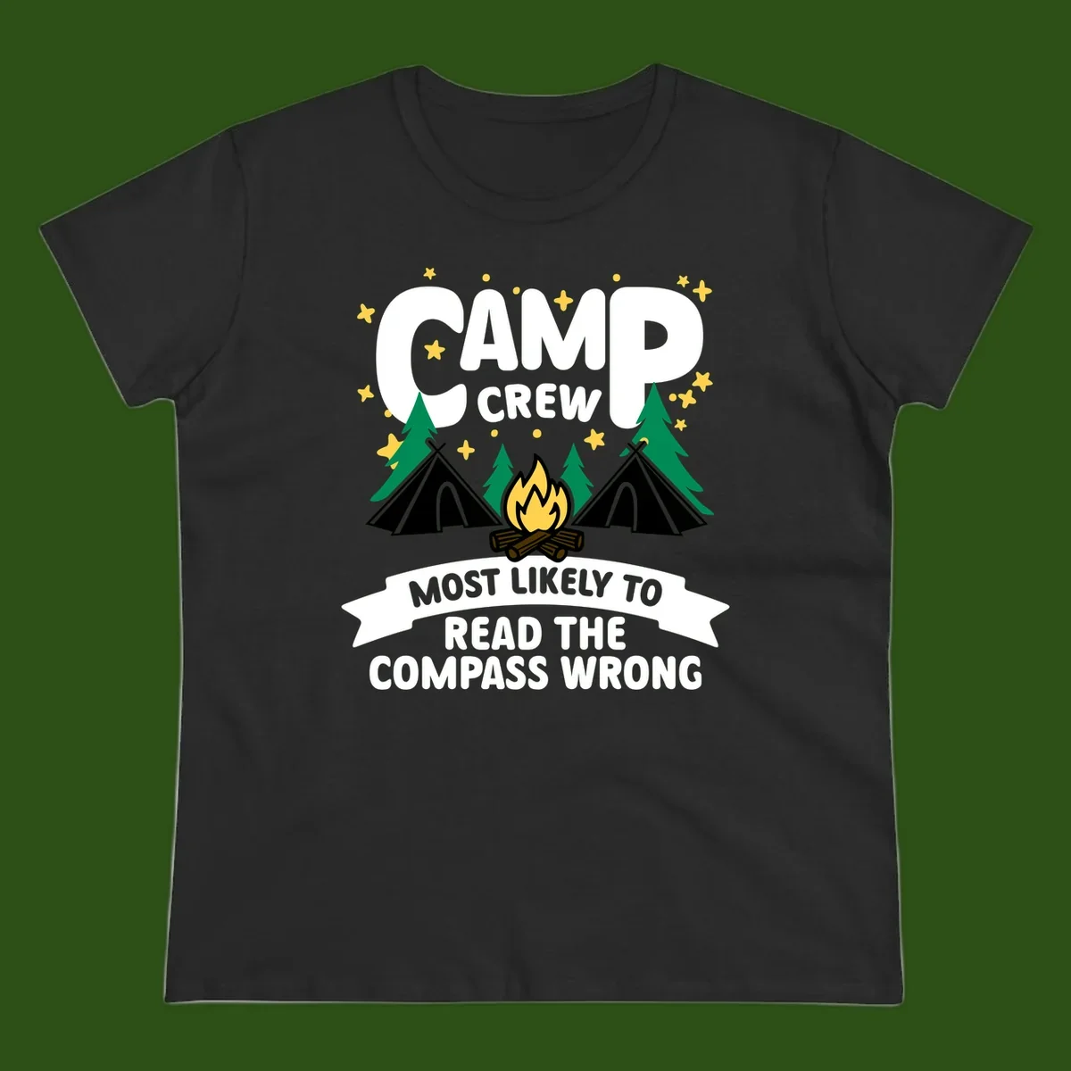 Camp crew compass wrong design with teepees, campfire, trees and stars around funny camp superlative text