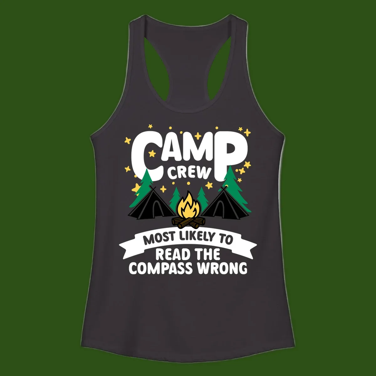 Camp crew compass wrong design with teepees, campfire, trees and stars around funny camp superlative text