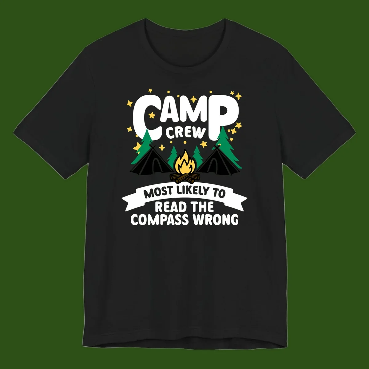 Camp crew compass wrong design with teepees, campfire, trees and stars around funny camp superlative text