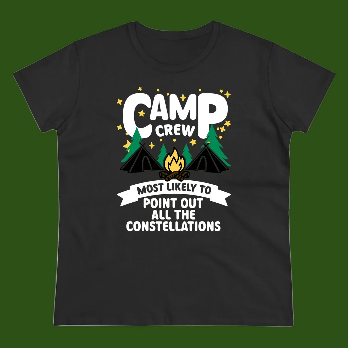 Camp crew constellation design showing campfire, tents, trees and stars with text about pointing out constellations