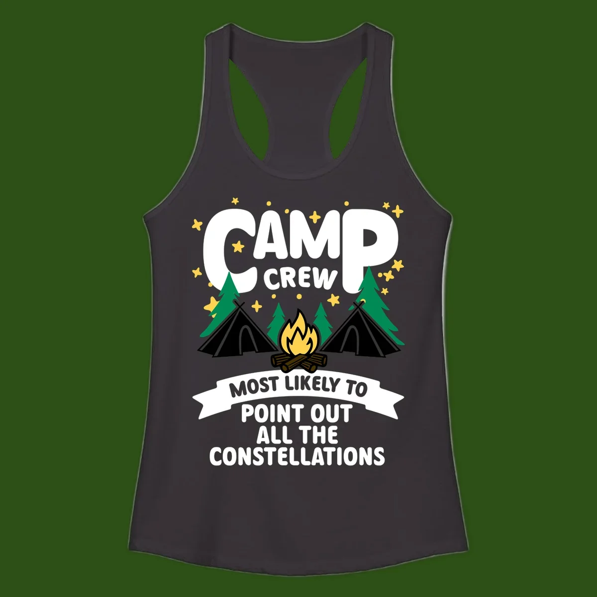 Camp crew constellation design showing campfire, tents, trees and stars with text about pointing out constellations