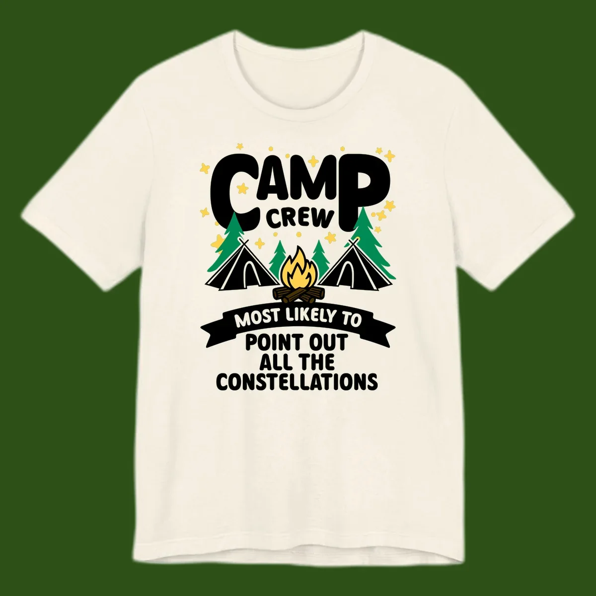 Camp crew constellation design showing campfire, tents, trees and stars with text about pointing out constellations
