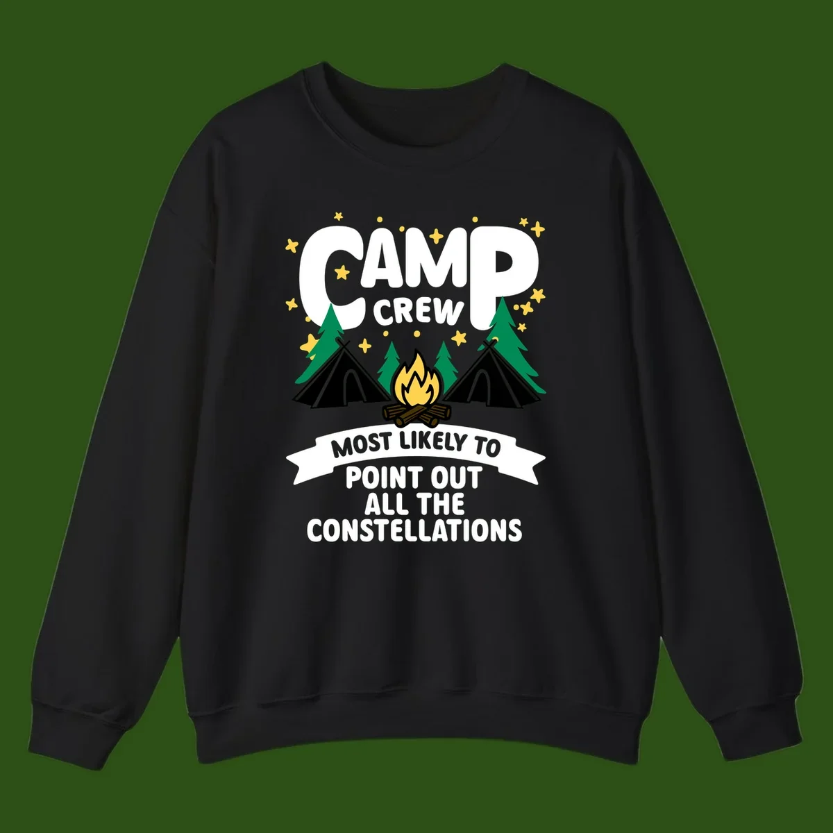 Camp crew constellation design showing campfire, tents, trees and stars with text about pointing out constellations