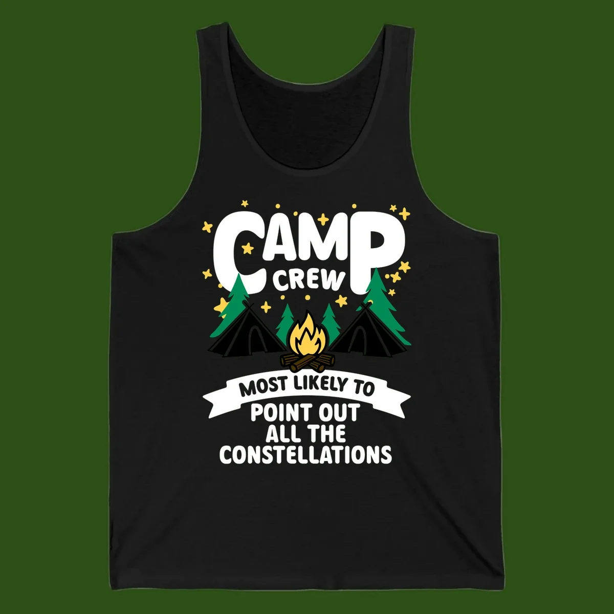Camp crew constellation design showing campfire, tents, trees and stars with text about pointing out constellations