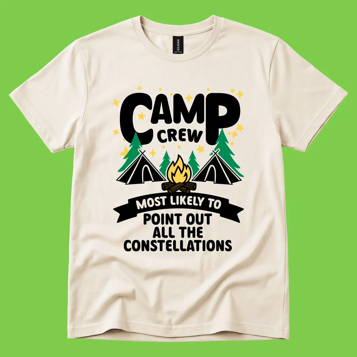 Camp crew constellation design showing campfire, tents, trees and stars with text about pointing out constellations