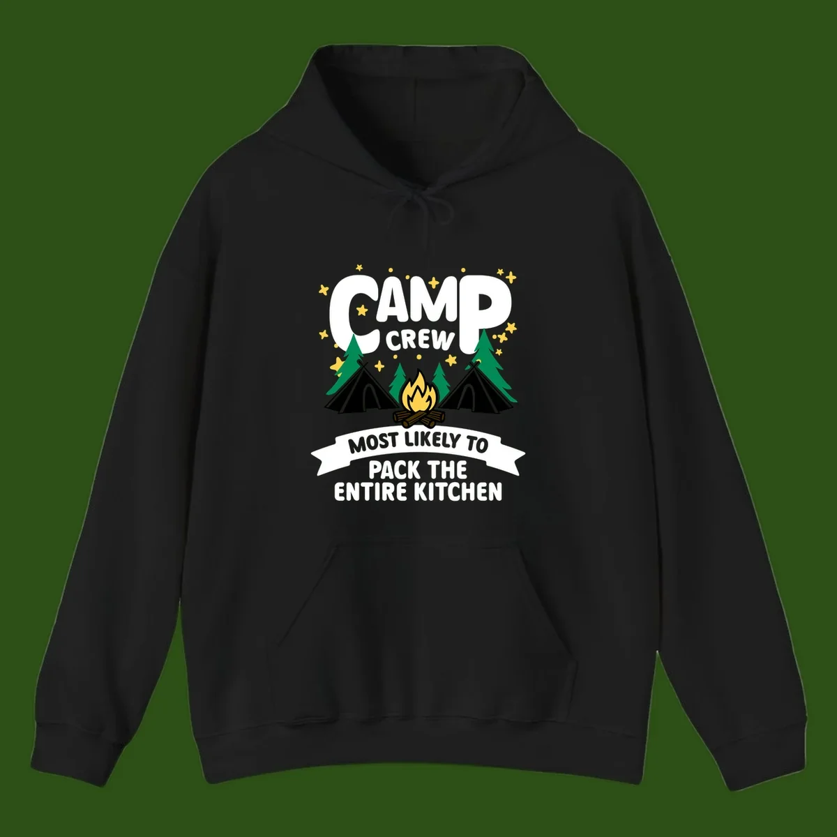 Camp crew design with teepees, campfire, and stars, text reads 'Most Likely To Pack The Entire Kitchen'
